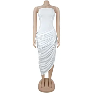 Detail showing the elegant white ruched texture of this sexy strapless bodycon dress