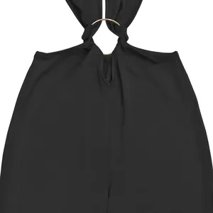 Close-up of black sexy halter jumpsuit featuring a stylish gold metal ring connector detail.
