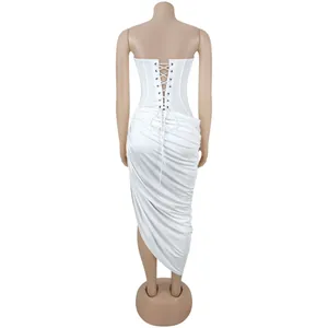 Detailed back view of a white strapless ruched bodycon dress with corset lacing detail