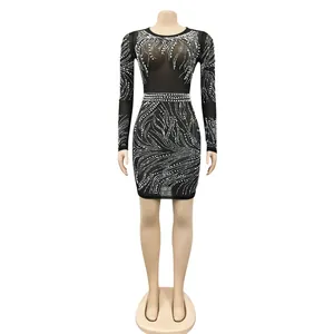 Intricate rhinestone patterns on a sexy black mesh see-through nightclub dress