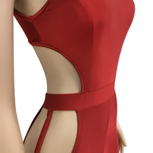 Detailed view of the side cut-out and waist design on a sexy red backless bodysuit