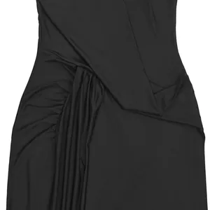 High-quality detail of the intricate pleated draping on a black bodycon midi dress