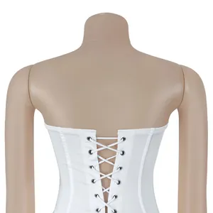 Detailed back view of a white off-shoulder corset dress with a cross lace-up design