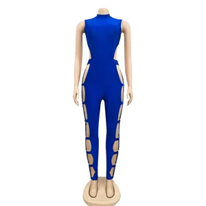 Front view of a sexy royal blue hollow-out jumpsuit on a mannequin for party.
