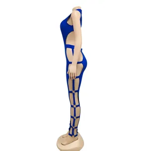 Side view of sexy blue hollow-out jumpsuit with metal ring details for nightclub wear