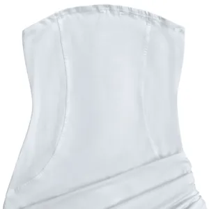 Close-up of white strapless ruched bodycon dress showing fabric texture and seams