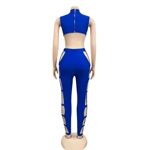 Sexy blue cutout two-piece set with cropped top and hollow out leggings for clubwear