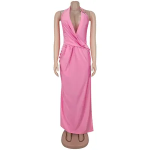 Elegant pink halter maxi dress featuring a sexy deep V-neckline and gold metallic detail