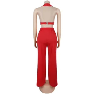 Back view of a red two-piece set with a halter crop top and wide-leg trousers
