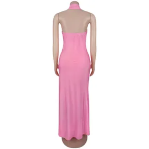 Detailed back view of a sexy pink halter neck backless bodycon maxi dress for women
