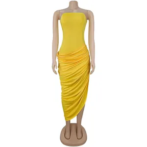 Detailed view of the yellow strapless ruched bodycon maxi dress on a mannequin