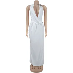 Elegant white deep V-neck halter backless bodycon maxi dress for special occasions