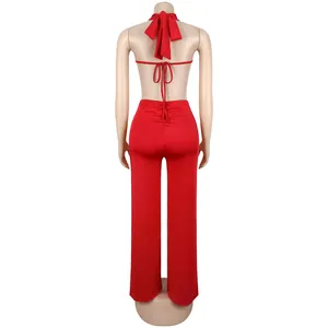 Back view of sexy red backless jumpsuit with halter neck and wide leg pants details.