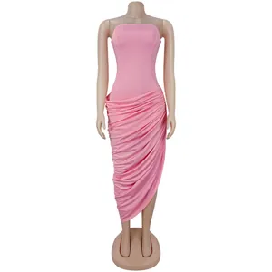 Detailed close-up view of the elegant pink ruched strapless bodycon maxi dress.
