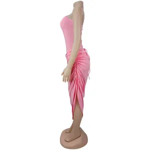 Detailed side profile view of a sexy pink tube top ruched bodycon dress on a mannequin