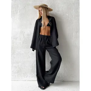 Women's black pure cotton casual set with loose shirt and wide-leg trousers