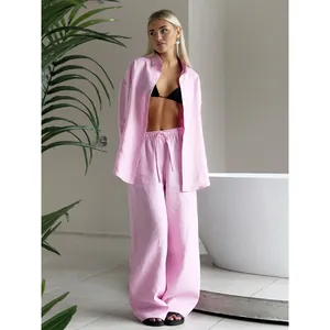 Casual two-piece cotton shirt and wide-leg pants set for women in soft pink color