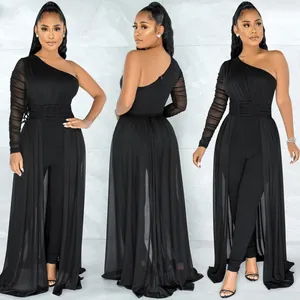 Elegant black one-shoulder jumpsuit with mesh sleeve and sheer skirt overlay detail