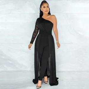 Elegant one-shoulder black jumpsuit featuring a sheer mesh overlay skirt detail for women
