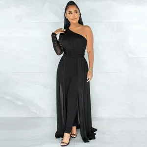 Elegant black one-shoulder mesh jumpsuit featuring sexy mesh sleeves and flowing overlay