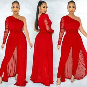 Red one-shoulder jumpsuit featuring mesh sheer sleeve and floor-length overlay detail