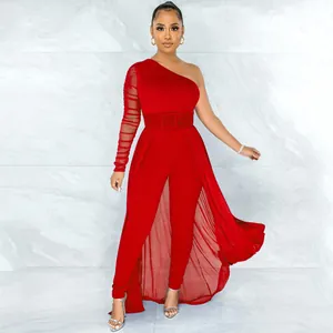Elegant red one-shoulder mesh jumpsuit with sheer long sleeve and mesh cape detail