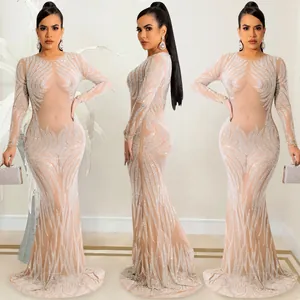 Abito lungo sexy in rete trasparente a maniche lunghe con brillanti strass argento