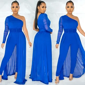 Royal blue one-shoulder jumpsuit with sheer mesh overlay and belted waist detail