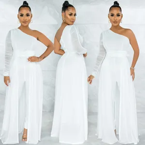 Comprehensive detailed view of a white mesh one-shoulder jumpsuit from various fashion angles