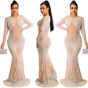 Abito lungo sexy in rete trasparente con strass brillanti per serate in discoteca
