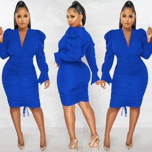 Detailed views of royal blue long sleeve ruched V-neck bodycon dress for women