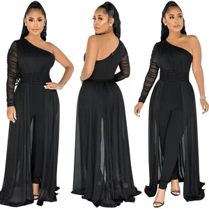 Front and back views of a black one-shoulder jumpsuit with sheer mesh sleeve and skirt overlay