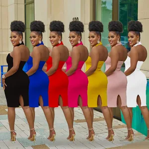 Elegant solid color halter neck sleeveless backless bodycon midi dress in seven vibrant colors