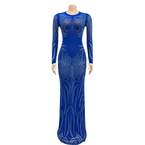 Vista completa dell'abito lungo sexy in mesh blu reale con motivi di strass argentati.