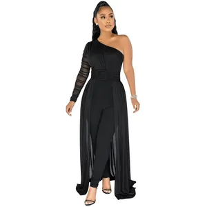 Elegant black one-shoulder jumpsuit with sheer mesh sleeve and long skirt overlay