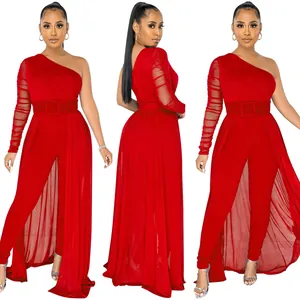 Elegant one-shoulder red jumpsuit featuring mesh long sleeves and a sheer long train overlay