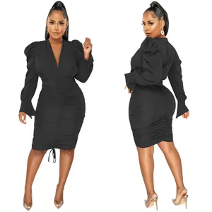 Elegant black long-sleeved V-neck ruched bodycon midi dress for women stylish casual wear