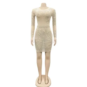 Close-up of nude mesh mini dress featuring intricate pearl and rhinestone patterns.