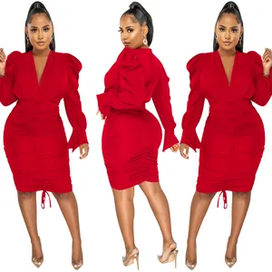 Detailed multi-angle view of a stylish red long sleeve ruched V-neck party dress