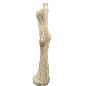 Vestito lungo sexy in rete a maniche lunghe con strass scintillanti
