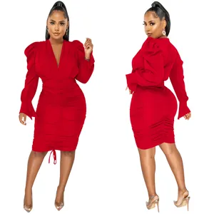 Front and back view of elegant red long sleeve ruched V-neck bodycon midi dress for women