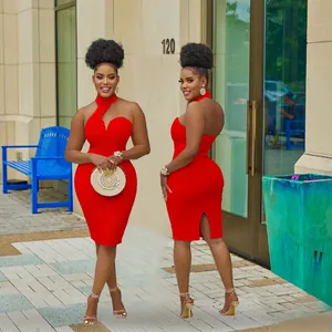 Elegant red halter neck bodycon midi dress featuring sleeveless off-shoulder design