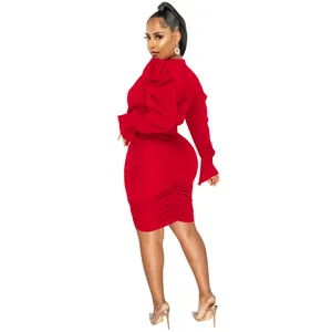 Elegant red long sleeve ruched mini dress featuring stylish puff sleeves and slim fit.