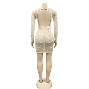 Detailed back view of a sexy sheer mesh mini dress featuring rhinestones and backless cutout