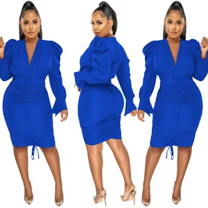 Close-up of elegant blue ruched V-neck long sleeve dress for women showing multiple angles