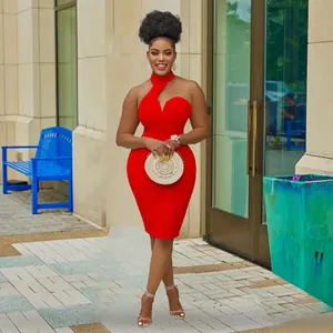 Elegant red halter neck sleeveless off-shoulder bodycon midi dress for evening party