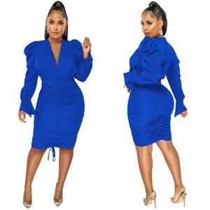 Front and back view of a royal blue V-neck long-sleeved ruched bodycon dress