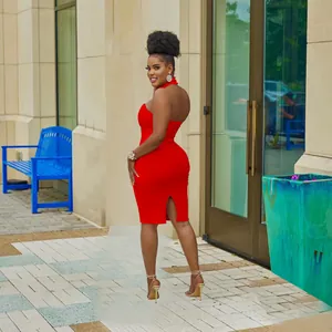 Elegant red halter-neck bodycon midi dress with back slit and strapless design