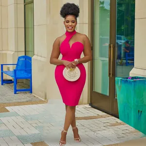 Detail shot of a stylish hot pink halter neck off-shoulder sleeveless midi dress for women