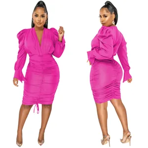 Elegant magenta V-neck long sleeve ruched midi dress showing front and side views